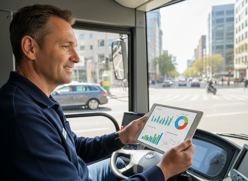 Glücklicher Busfahrer prüft auf seinem Tablet Diagramme zur Fahranalyse – sichtbar gemachter Erfolg durch Telematik.